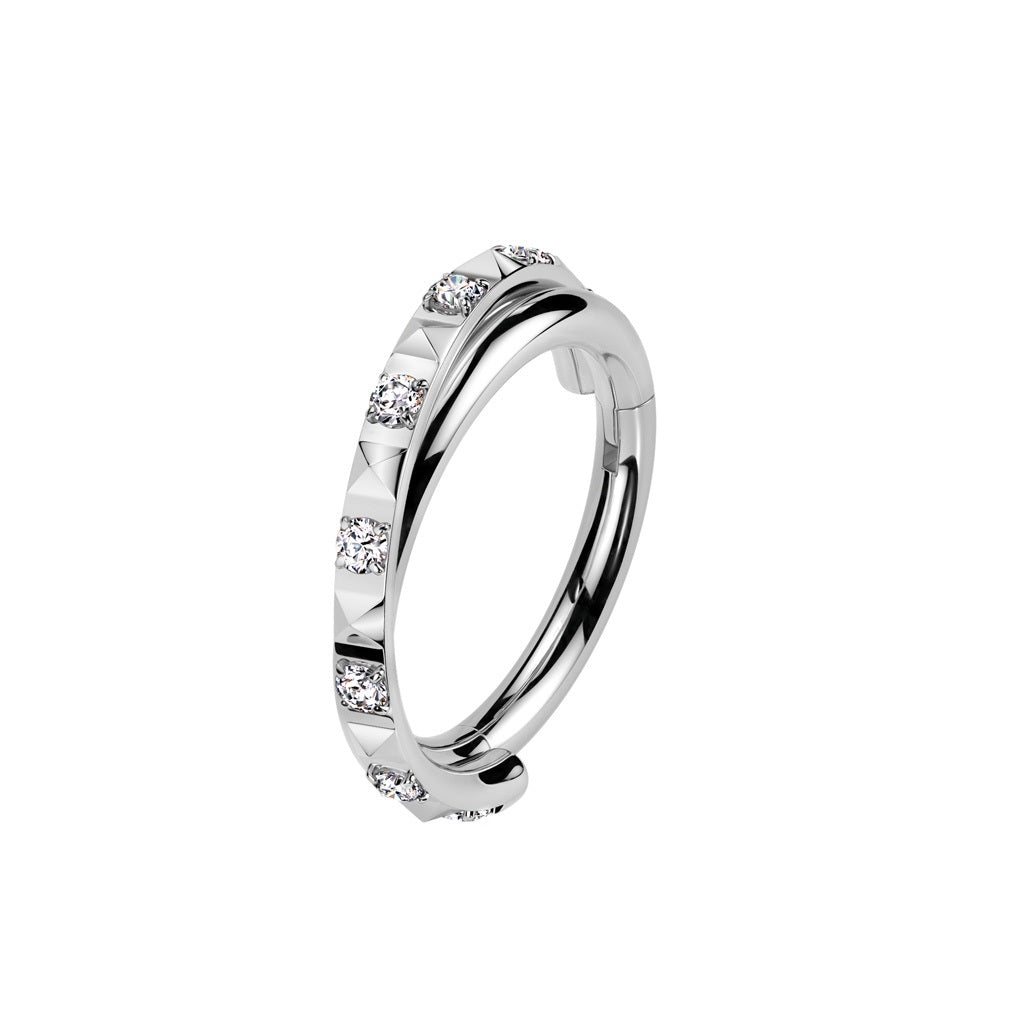 CZ Crystal and Pyramid Lined Double Hoop Criss Cross Hinged Segment Clicker Ring - ASTM F-136 Implant Grade Titanium