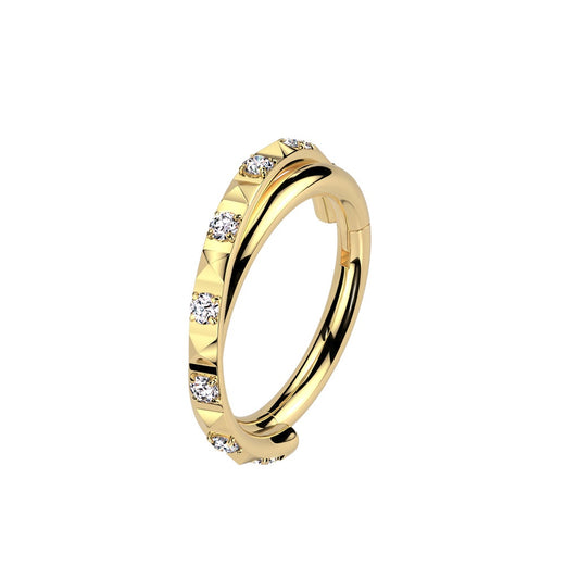 CZ Crystal and Pyramid Lined Double Hoop Criss Cross Hinged Segment Clicker Ring - ASTM F-136 Implant Grade Titanium