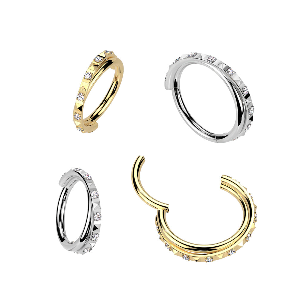 CZ Crystal and Pyramid Lined Double Hoop Criss Cross Hinged Segment Clicker Ring - ASTM F-136 Implant Grade Titanium
