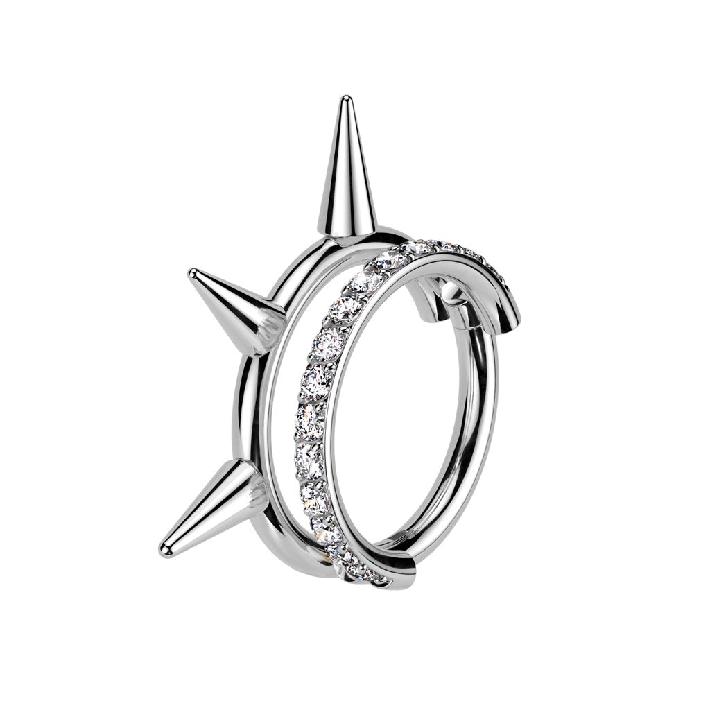 CZ Crystal and Spikes Double Hoop Hinged Segment Clicker Ring - ASTM F-136 Implant Grade Titanium