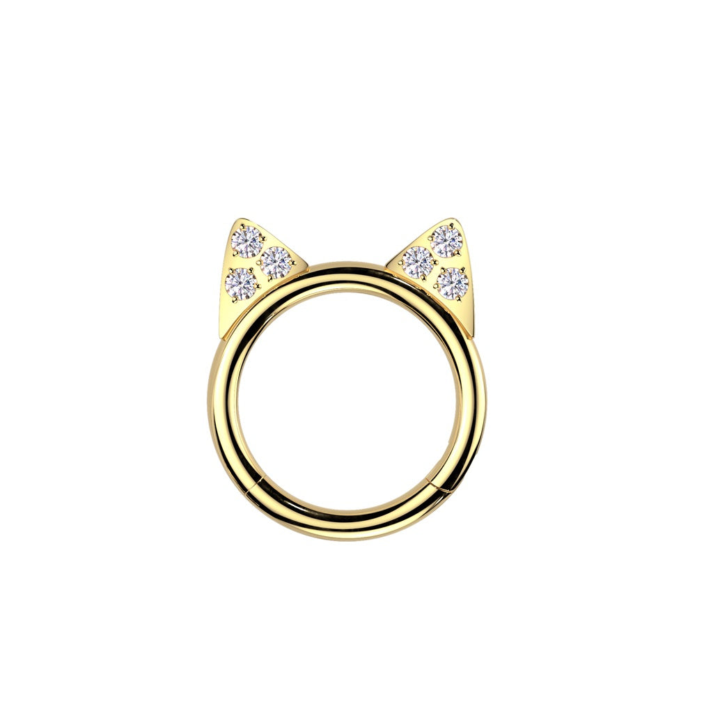 CZ Crystal Cat Ears Hinged Segment Clicker Ring - ASTM F-136 Implant Grade Titanium