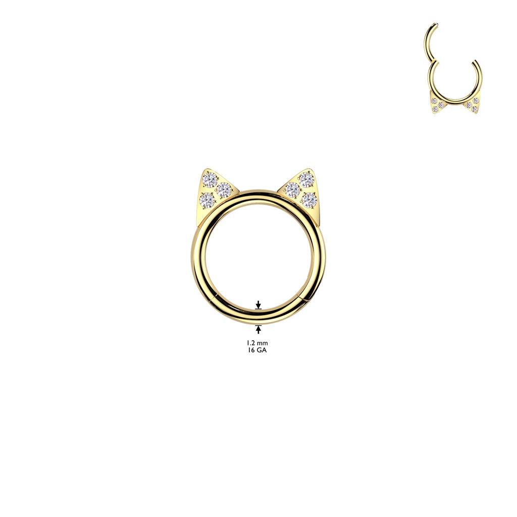 CZ Crystal Cat Ears Hinged Segment Clicker Ring - ASTM F-136 Implant Grade Titanium