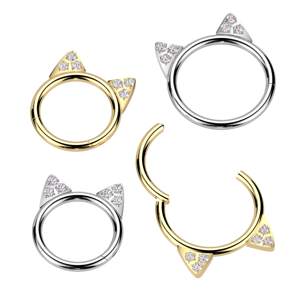 CZ Crystal Cat Ears Hinged Segment Clicker Ring - ASTM F-136 Implant Grade Titanium