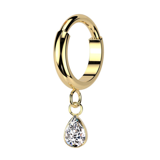 Dangling CZ Crystal Teardrop Hinged Segment Clicker Ring - ASTM F-136 Implant Grade Titanium