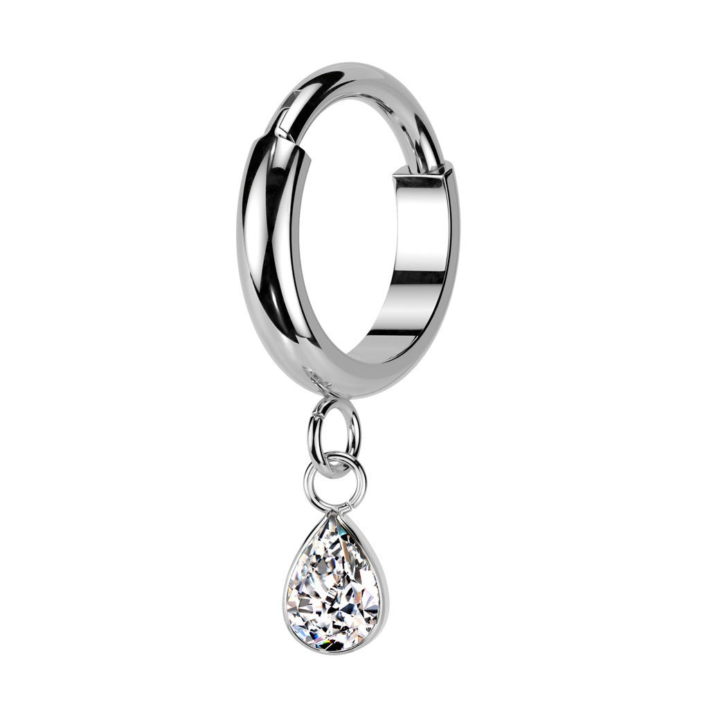 Dangling CZ Crystal Teardrop Hinged Segment Clicker Ring - ASTM F-136 Implant Grade Titanium