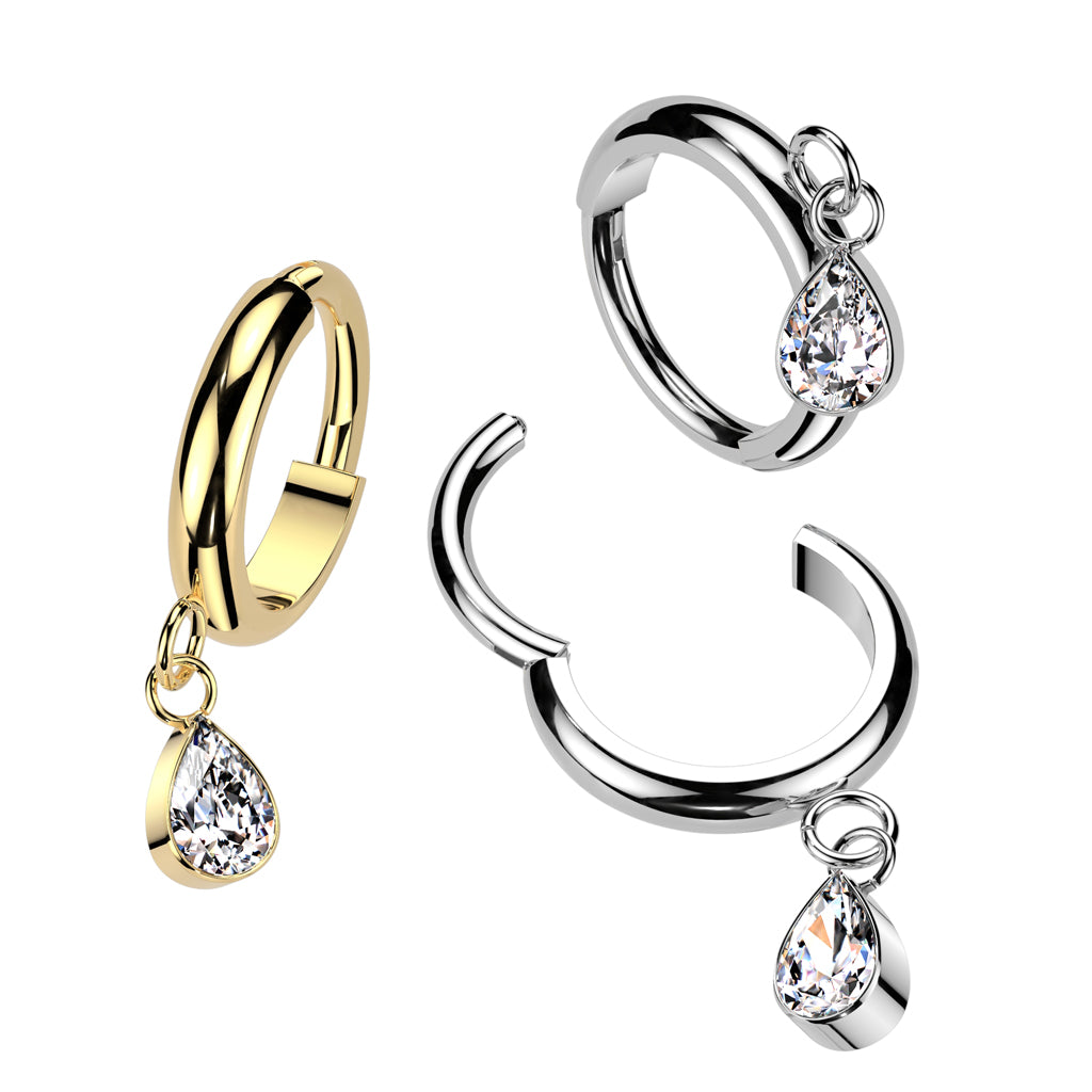 Dangling CZ Crystal Teardrop Hinged Segment Clicker Ring - ASTM F-136 Implant Grade Titanium
