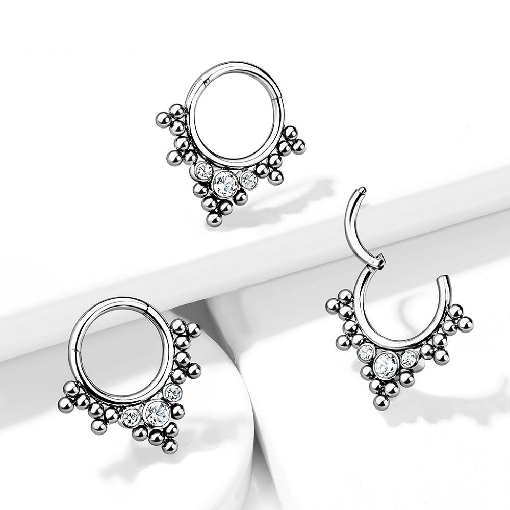 Triple CZ Crystal and Ball Cluster Lined Hoop Cartilage Helix Daith Septum Hinged Segment Ring
- G23 Implant Grade Titanium