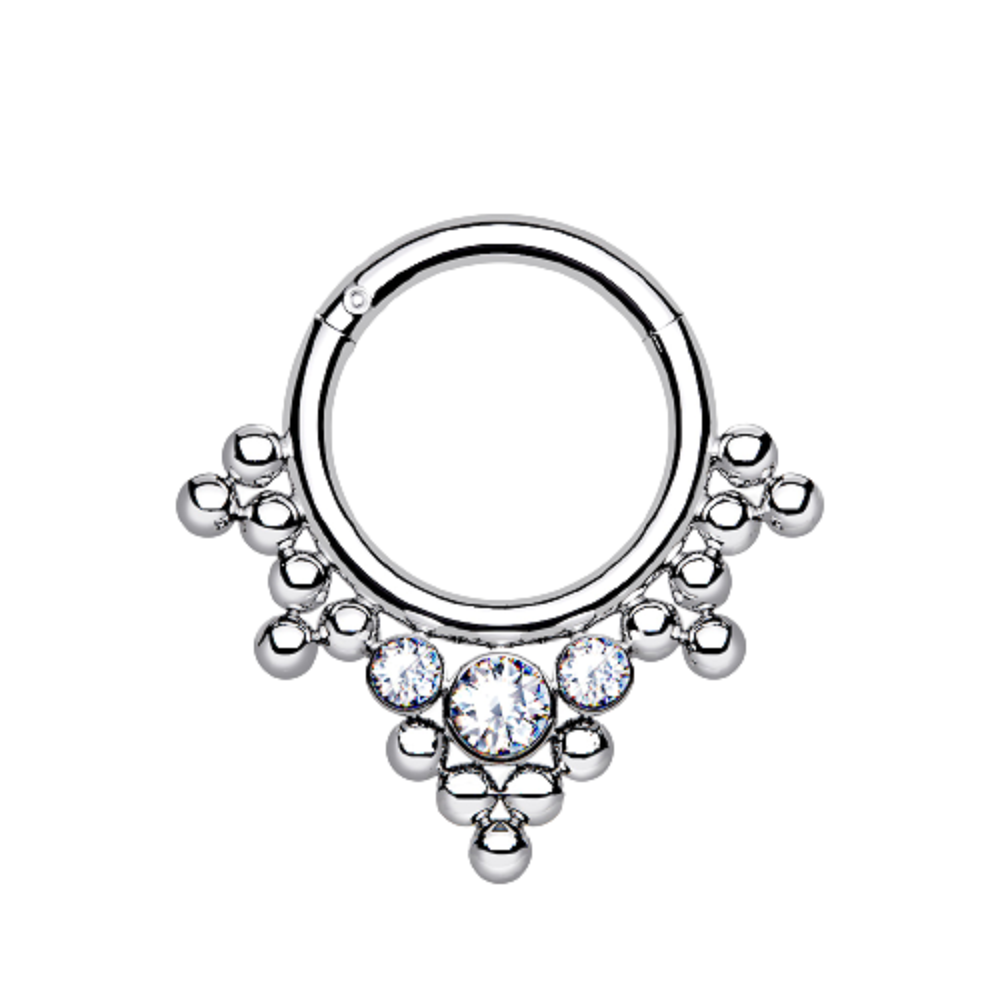 Triple CZ Crystal and Ball Cluster Lined Hoop Cartilage Helix Daith Septum Hinged Segment Ring
- G23 Implant Grade Titanium