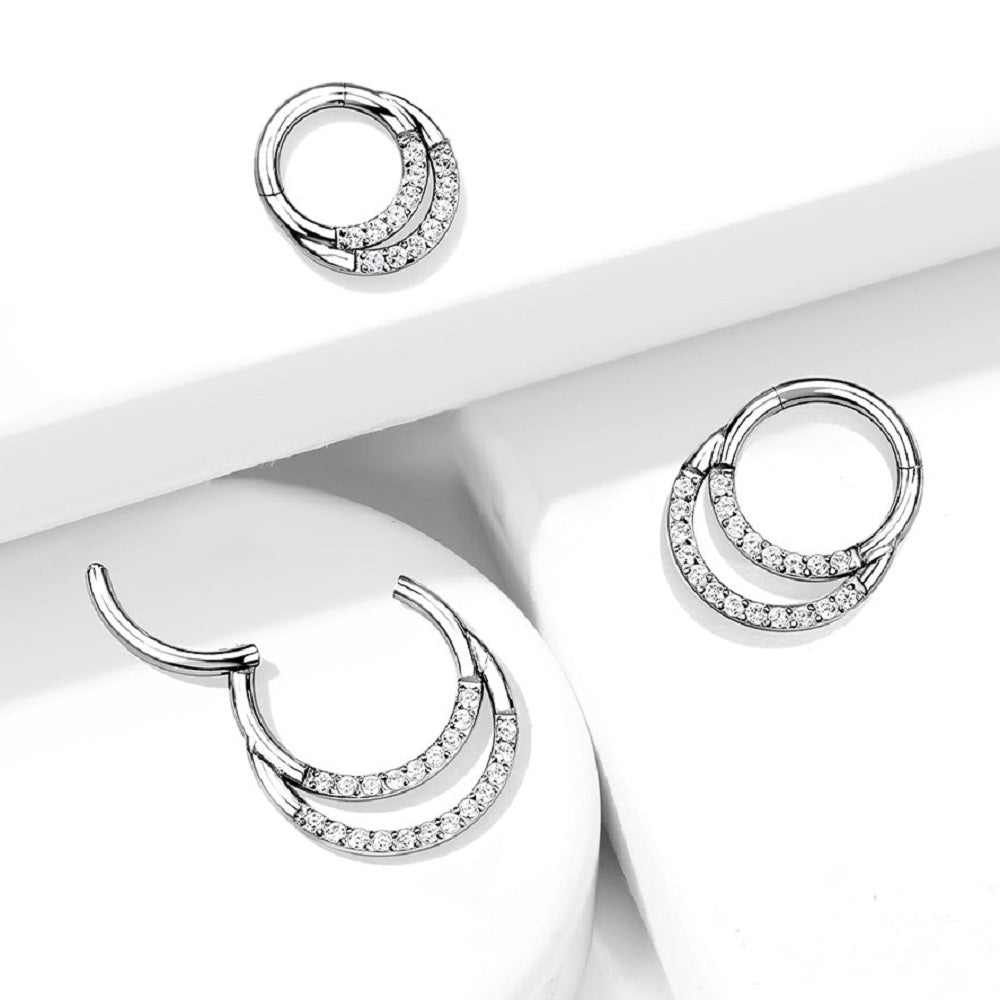 CZ Crystal Lined Double Hoop Cartilage Helix Daith Septum Hinged Segment Ring - G23 Implant Grade Titanium