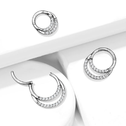 CZ Crystal Lined Double Hoop Cartilage Helix Daith Septum Hinged Segment Ring - G23 Implant Grade Titanium
