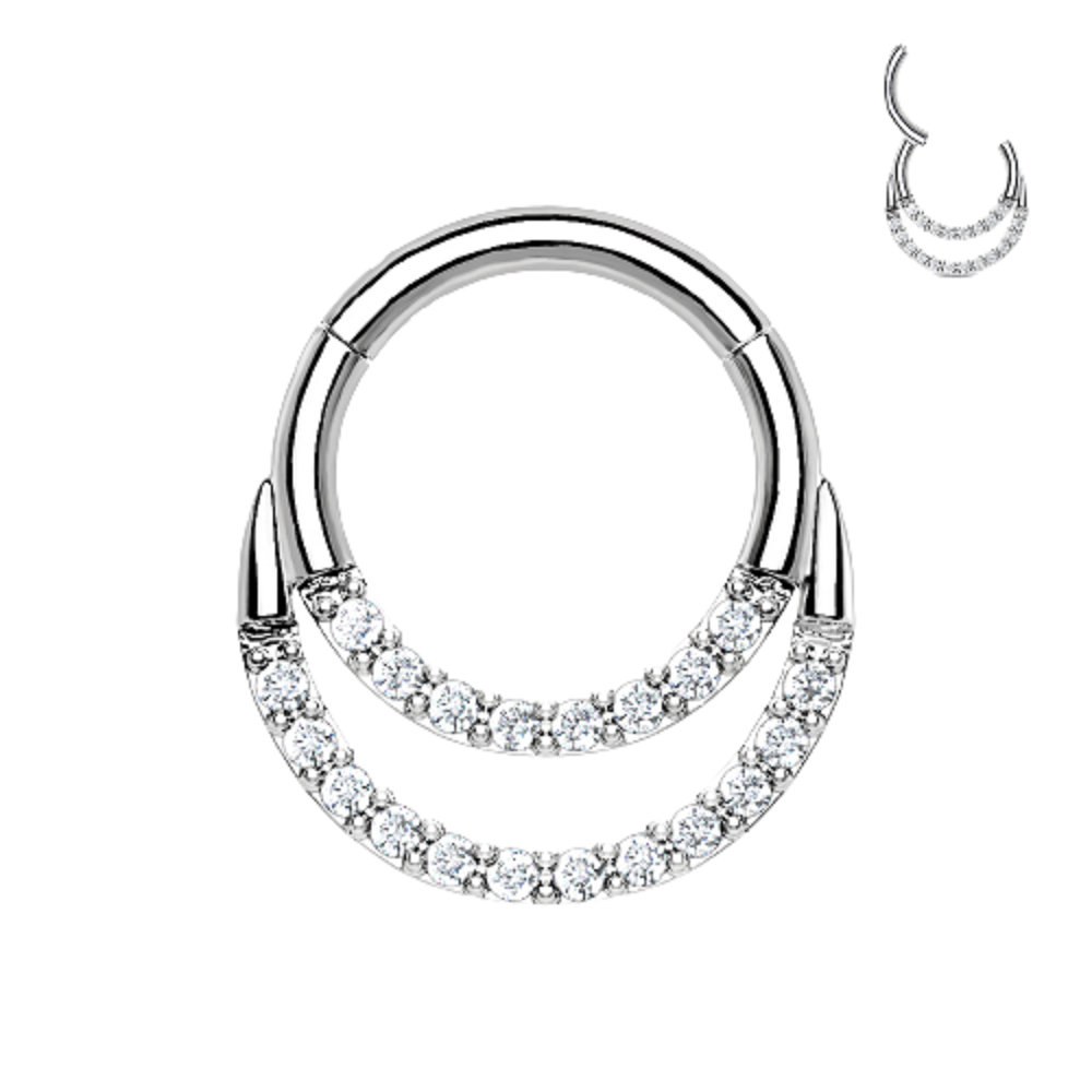 CZ Crystal Lined Double Hoop Cartilage Helix Daith Septum Hinged Segment Ring - G23 Implant Grade Titanium
