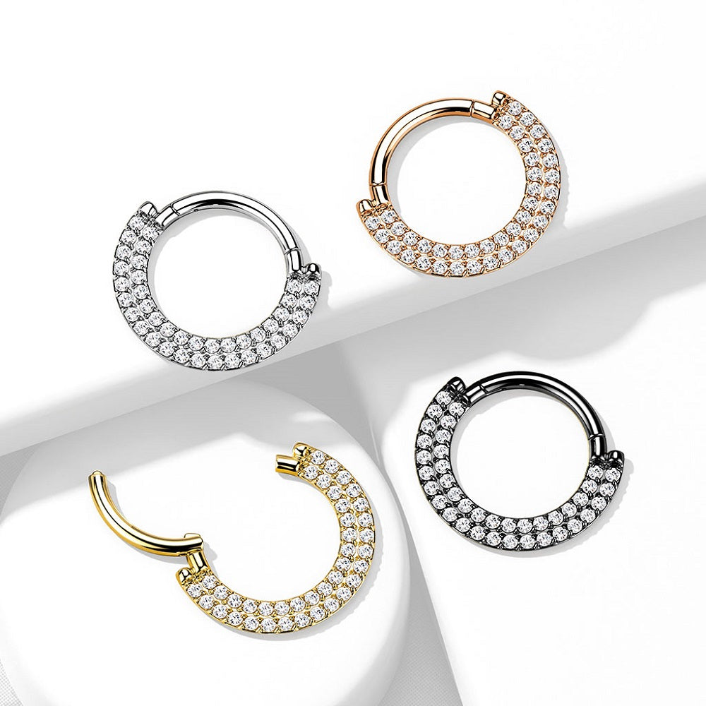 Double CZ Crystal Lined Cartilage Helix Daith Septum Hinged Segment Ring
- G23 Implant Grade Titanium