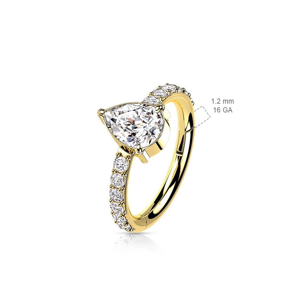 CZ Teardrop Center with Paved CZ Sides Hinged Segment Clicker Ring - Implant Grade Titanium