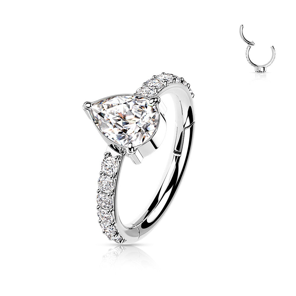 CZ Teardrop Center with Paved CZ Sides Hinged Segment Clicker Ring - Implant Grade Titanium