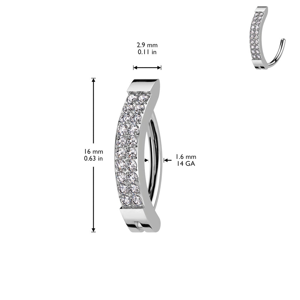 Double CZ Crystal Paved Line Hinged Curved Bar Belly Button Ring - ASTM F-136 Implant Grade Titanium