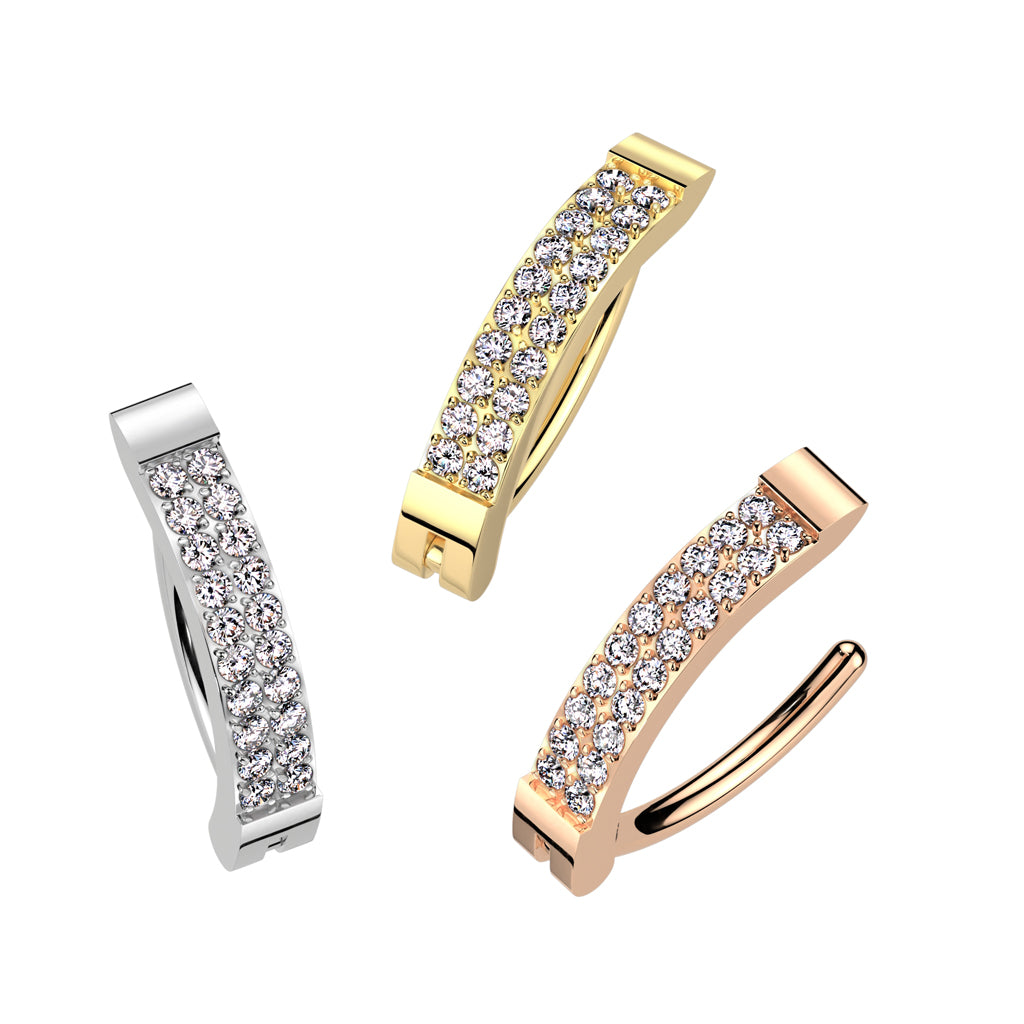 Double CZ Crystal Paved Line Hinged Curved Bar Belly Button Ring - ASTM F-136 Implant Grade Titanium