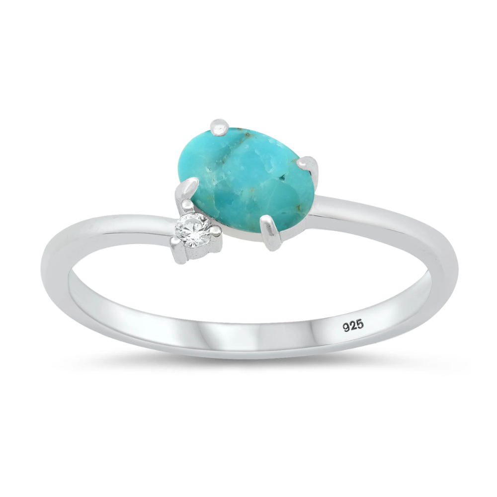 Tilted Genuine Turquoise Oval and CZ Crystal Ring - Rhodium Plated 925 Sterling Silver