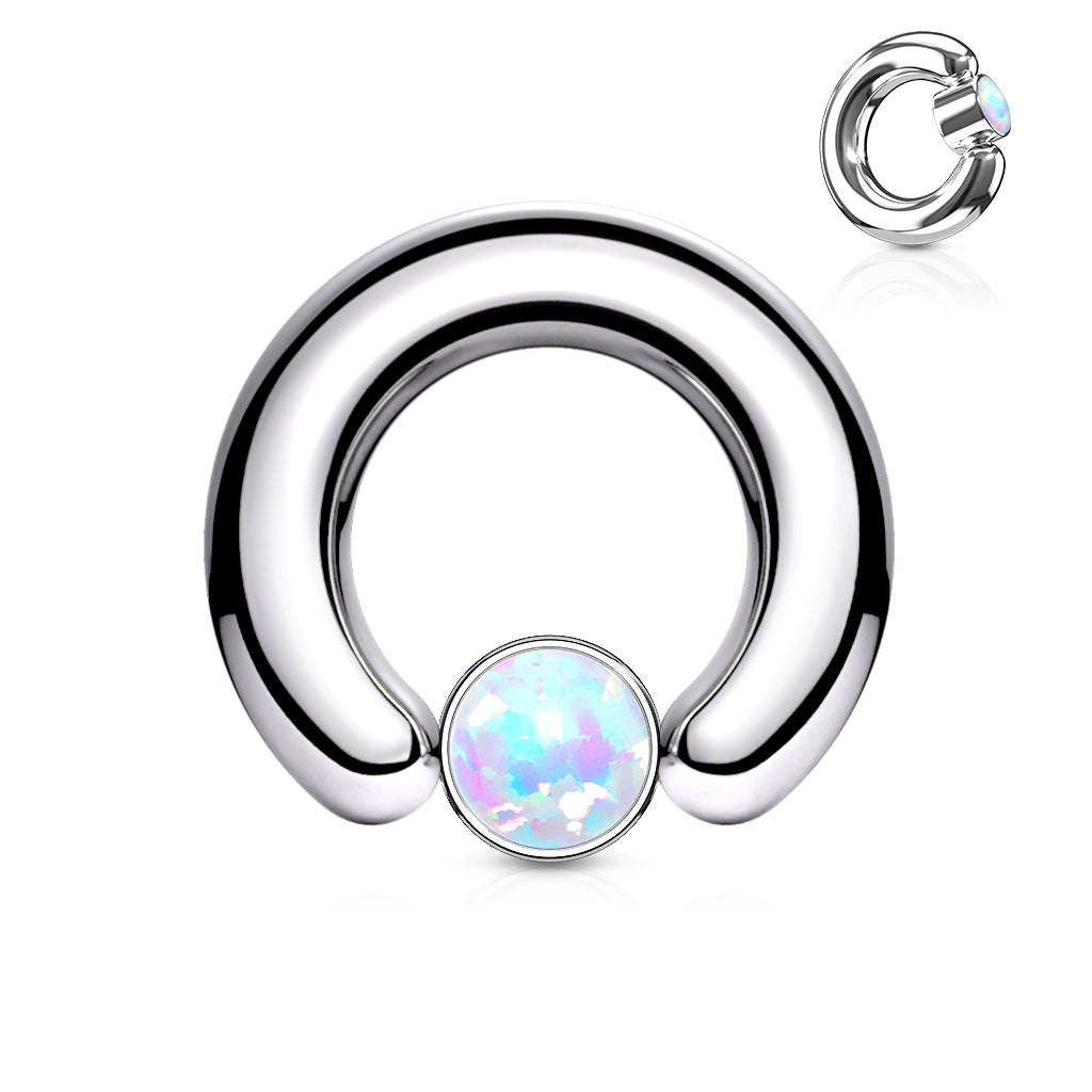 Round Flat Synthetic White Opal Set Captive Rings - 316L Surgical Steel - Pair