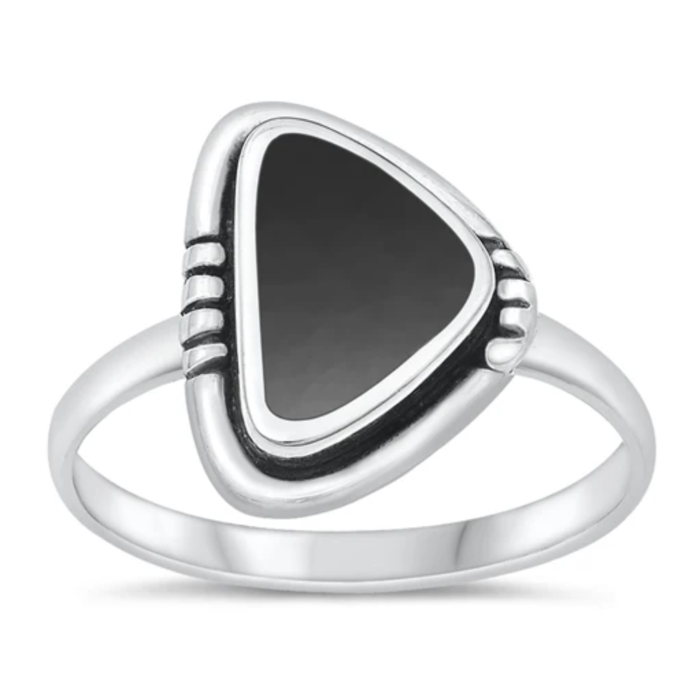 Triangle Black Agate Stone Ring - 925 Sterling Silver