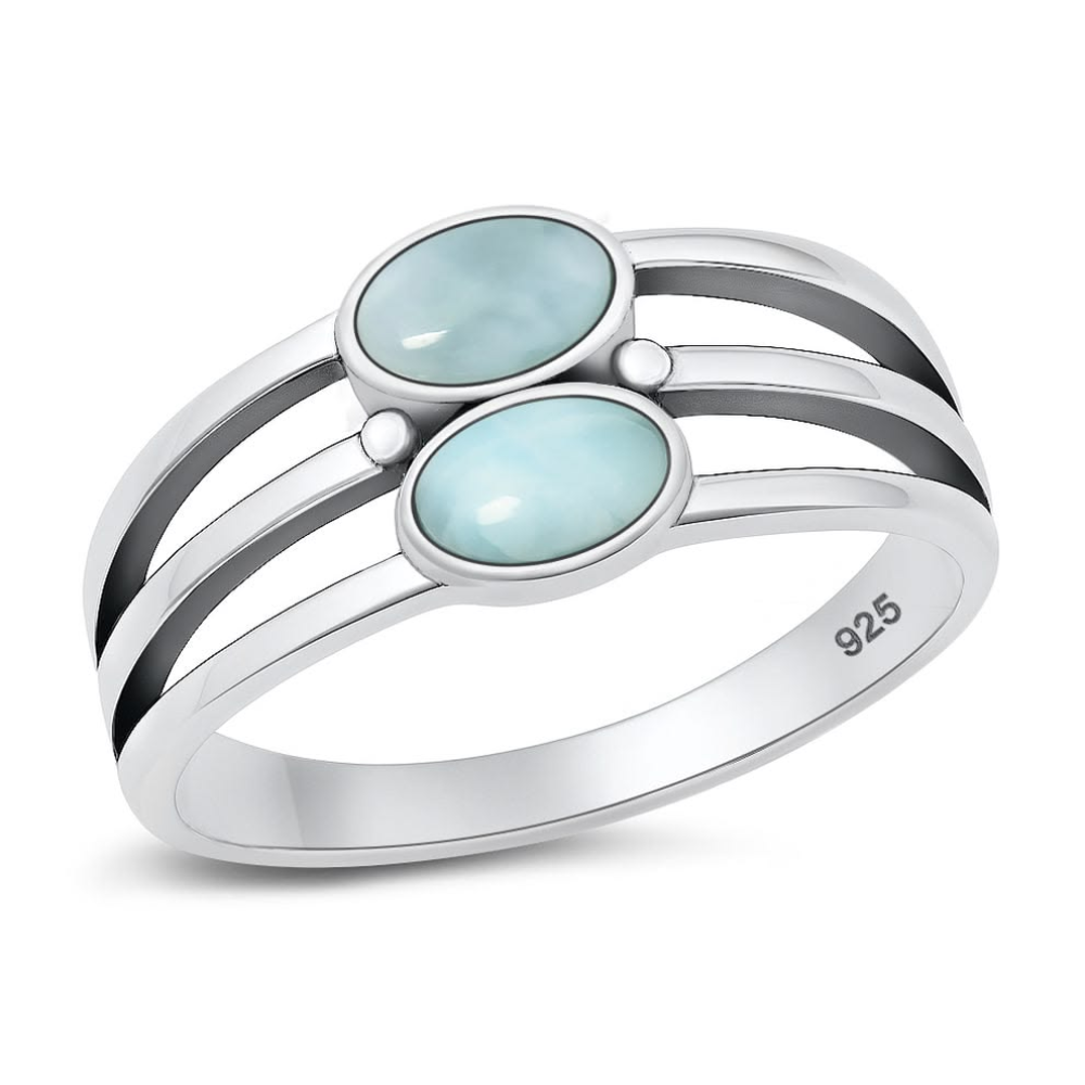 Double Larimar Stone Stacked Ring - Oxidized 925 Sterling Silver