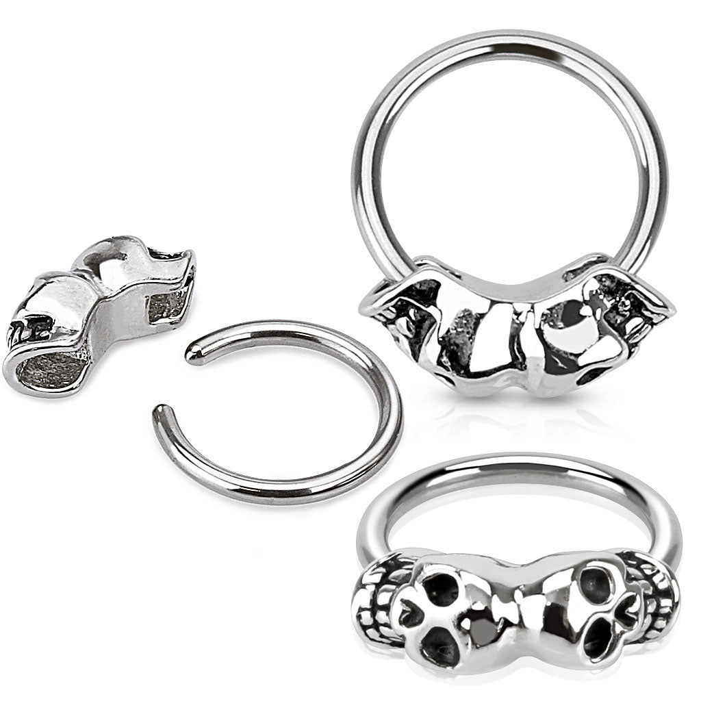 Twin Skulls Captive Bead Septum Ring - 316L Stainless Steel