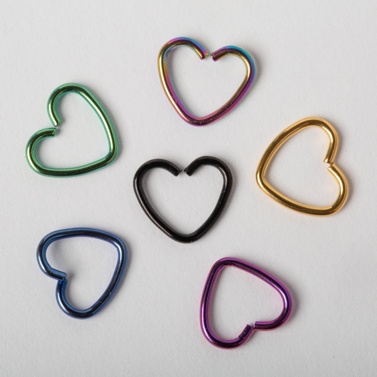 Set of 6 Heart Earrings Clip-On Cartilage Piercings - Titanium Plated Stainless Steel