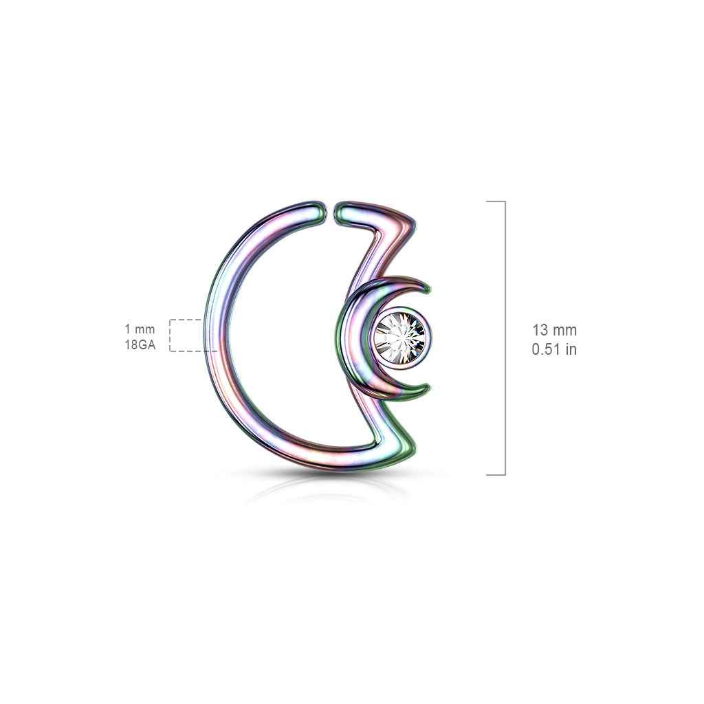 Double Crescent Moon with CZ Crystal Center Bendable Hoop - 316L Stainless Steel