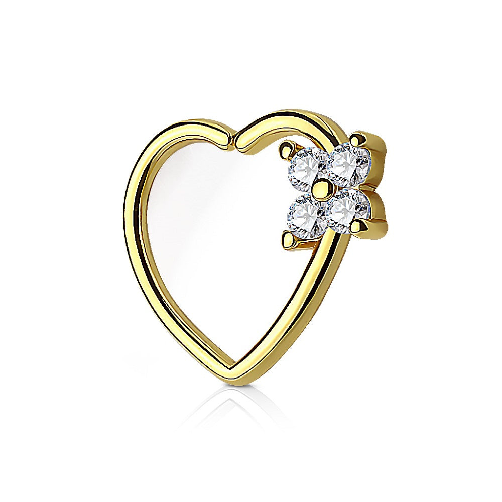 CZ Crystal Flower Heart Shaped Left Ear Daith Bendable Ring - 14kt Gold Plated Brass