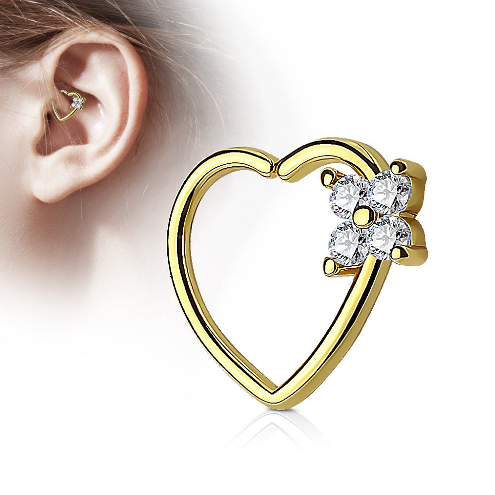 CZ Crystal Flower Heart Shaped Left Ear Daith Bendable Ring - 14kt Gold Plated Brass