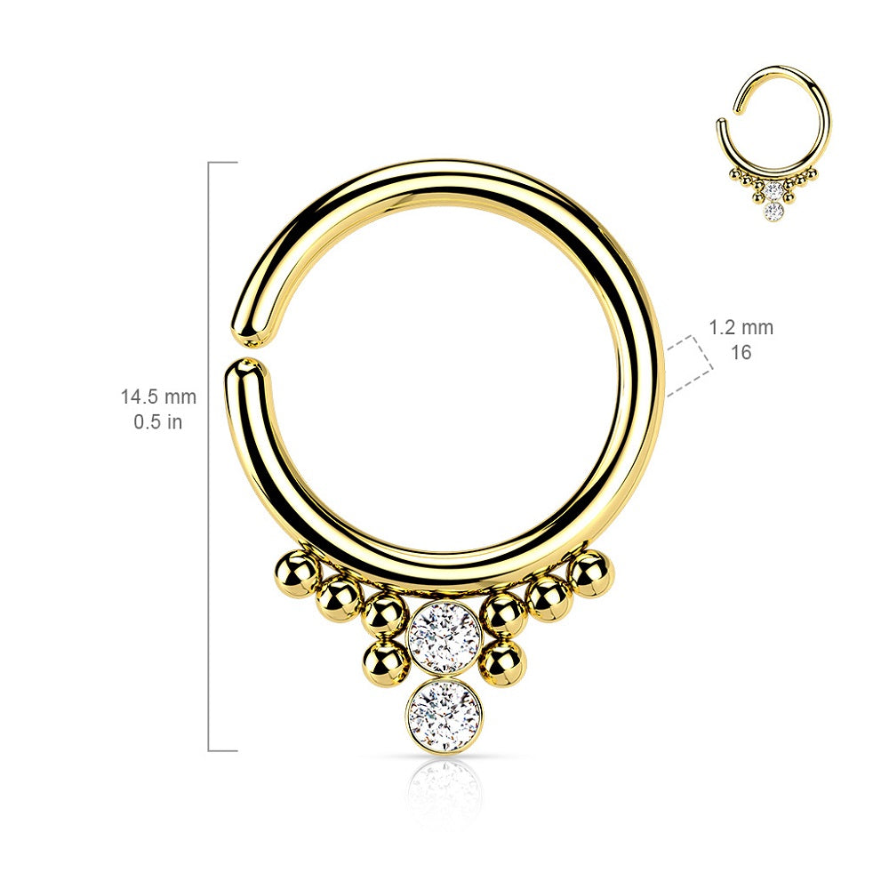 Double Round CZ Crystals with Bead Clusters Bendable Hoop Ring - 316L Stainless Steel