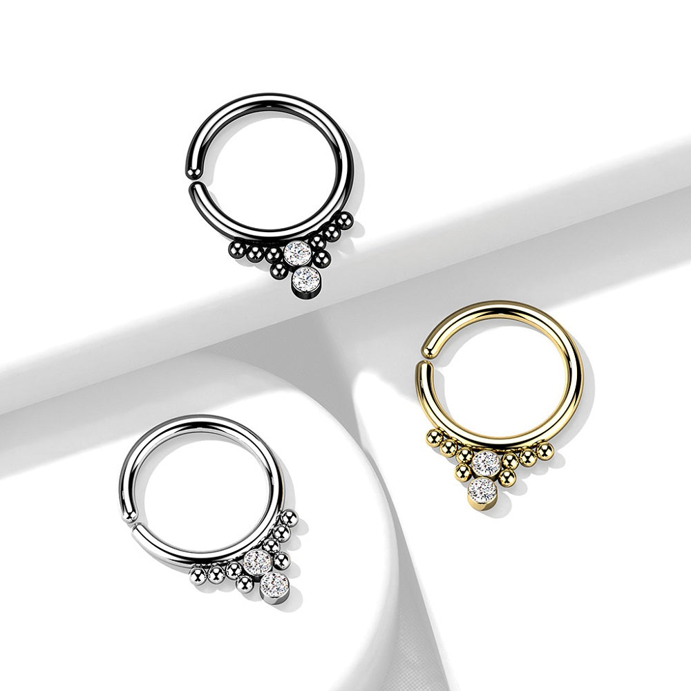 Double Round CZ Crystals with Bead Clusters Bendable Hoop Ring - 316L Stainless Steel