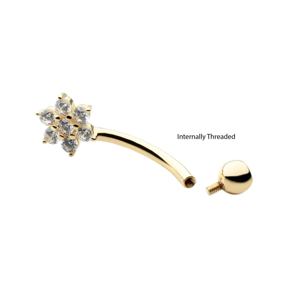 CZ Crystal Flower Internally Threaded Belly Ring - 14kt Gold
