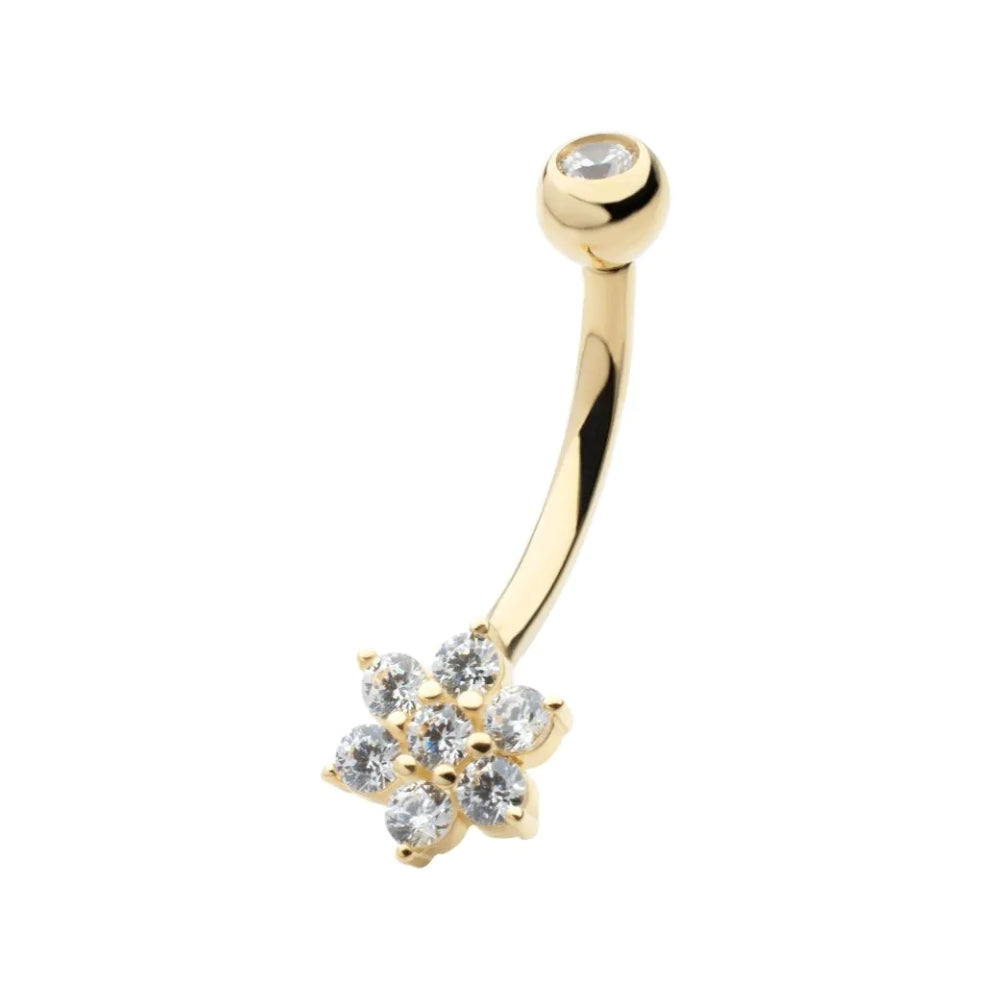 CZ Crystal Flower Internally Threaded Belly Ring - 14kt Gold