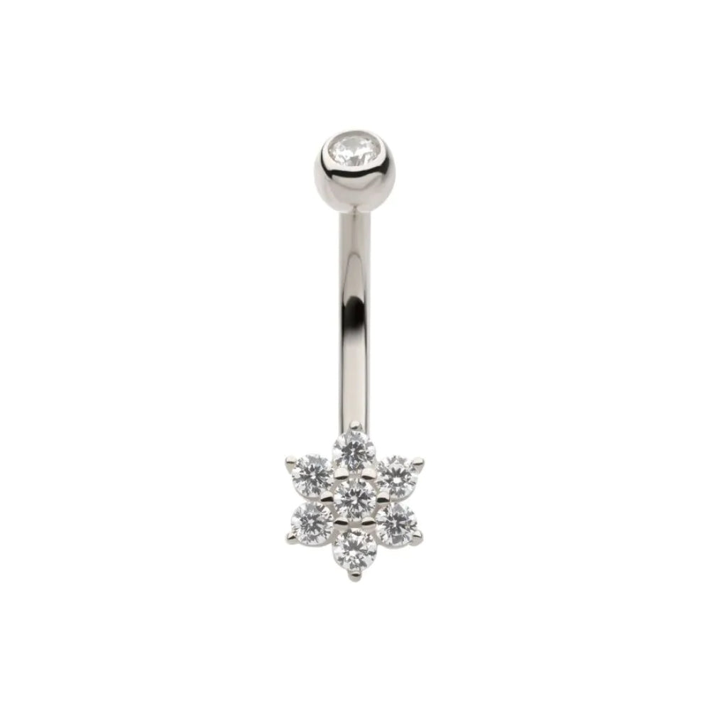 CZ Crystal Flower Internally Threaded Belly Ring - 14kt White Gold