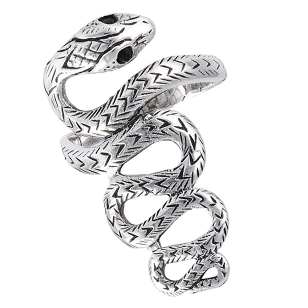 Coiled Snake Ring with Synthetic Black Onyx Eyes - 925 Sterling Silver