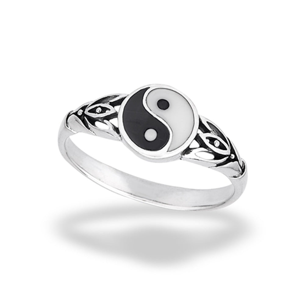 Yin and Yang Ring with Triple Petal Side Design - 925 Sterling Silver