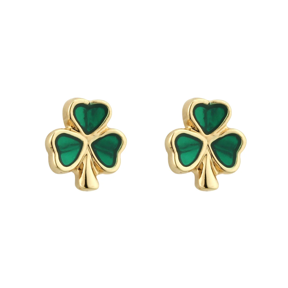 Gold Plated Green Enamel Shamrock Stud Earrings - Pair