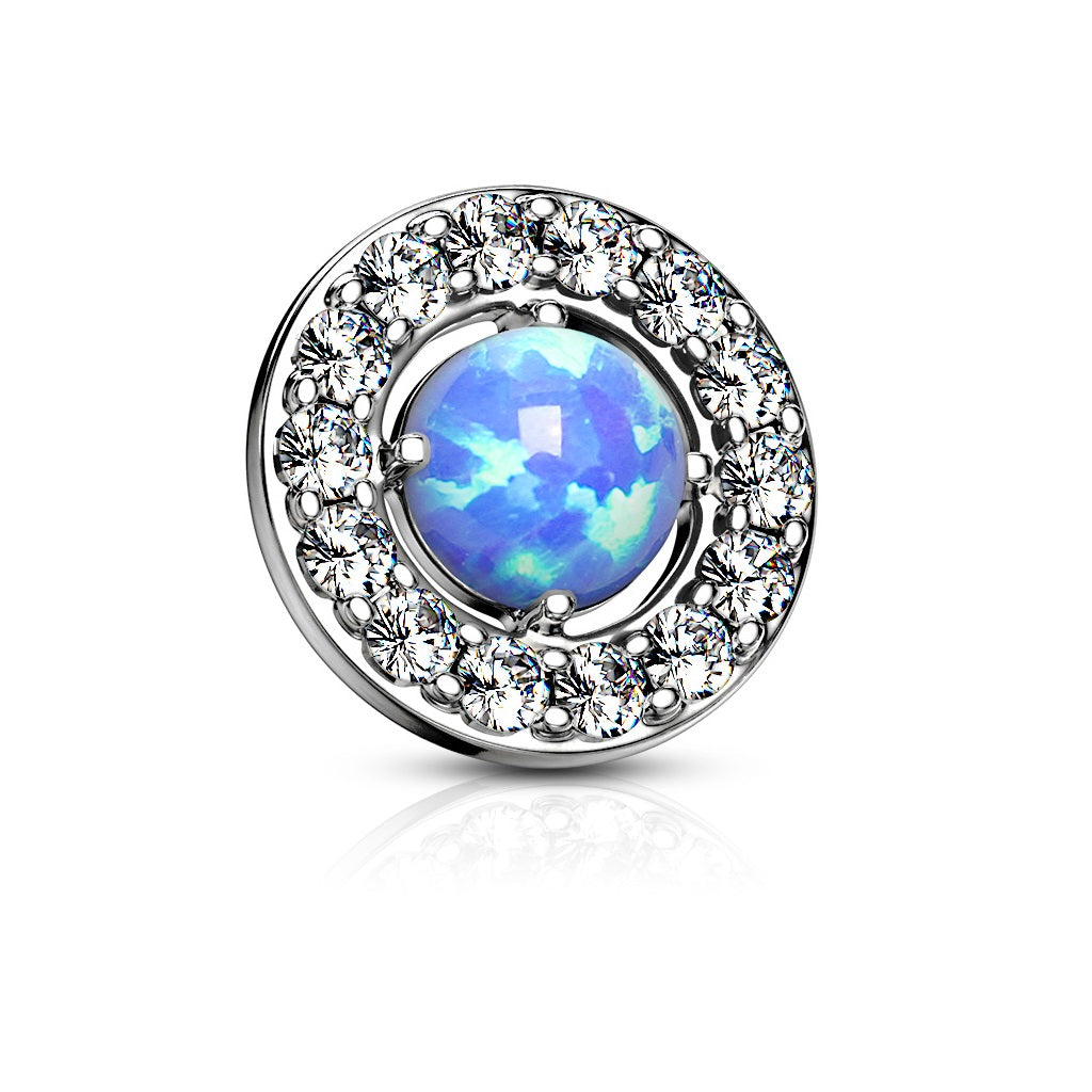 Internally Threaded Prong Set Synthetic Opal Centered CZ Crystal Paved Dermal Anchor Top - Stainless Steel