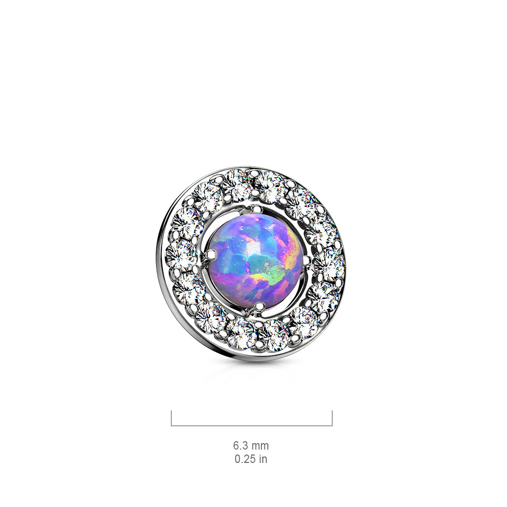 Internally Threaded Prong Set Synthetic Opal Centered CZ Crystal Paved Dermal Anchor Top - Stainless Steel