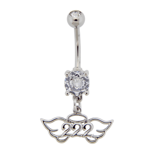 CZ Crystal Angel Number and Wings Dangling Belly Button Ring - Stainless Steel