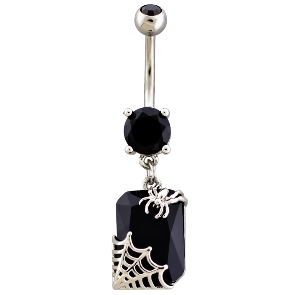 Black Gemstone with Spider and Web Dangling Belly Button Ring - 316L Stainless Steel