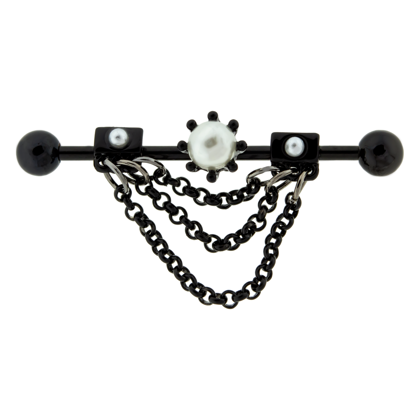 Pearl Center with Dangling Chains Industrial Barbell - 316L Stainless Steel
