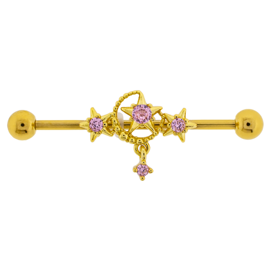 Pink CZ Crystal Moon and Stars with Dangling Gem Industrial Barbell - Gold Plated 316L Stainless Steel