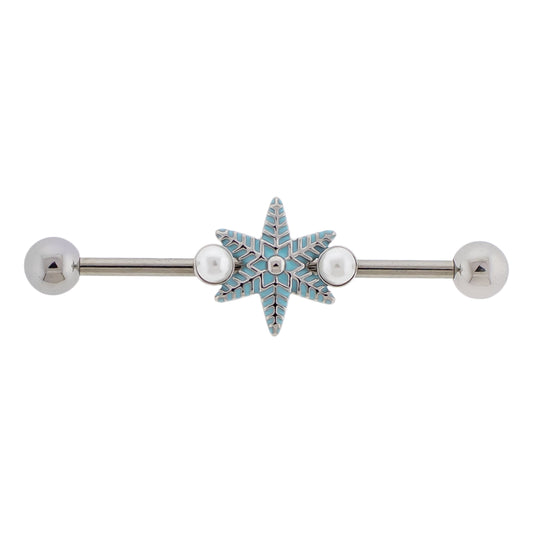 Aqua Snowflake with Faux Pearls Industrial Barbell - 316L Stainless Steel