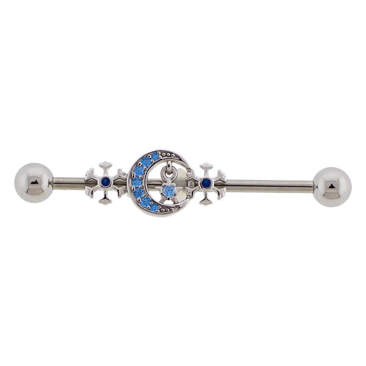 Aqua CZ Crystal Crescent Moon and Snowflakes Industrial Barbell - 316L Stainless Steel
