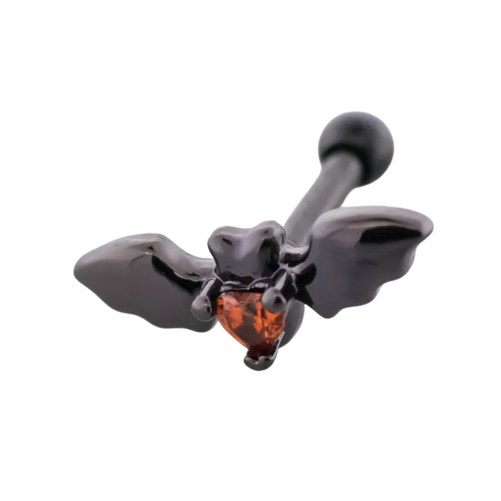 Black Bat with CZ Crystal Heart Gem Barbell Stud - 316L Stainless Steel