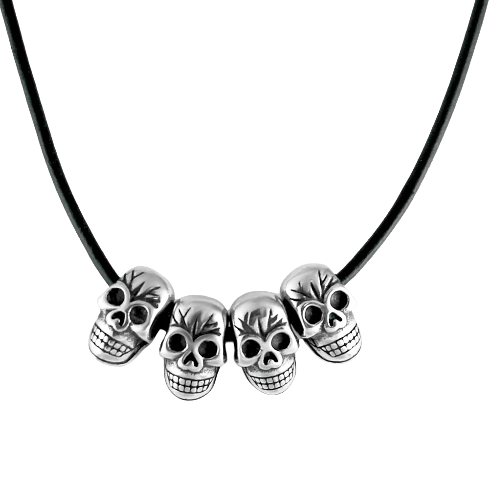 Black Leather Necklace with Stainless Steel Skulls