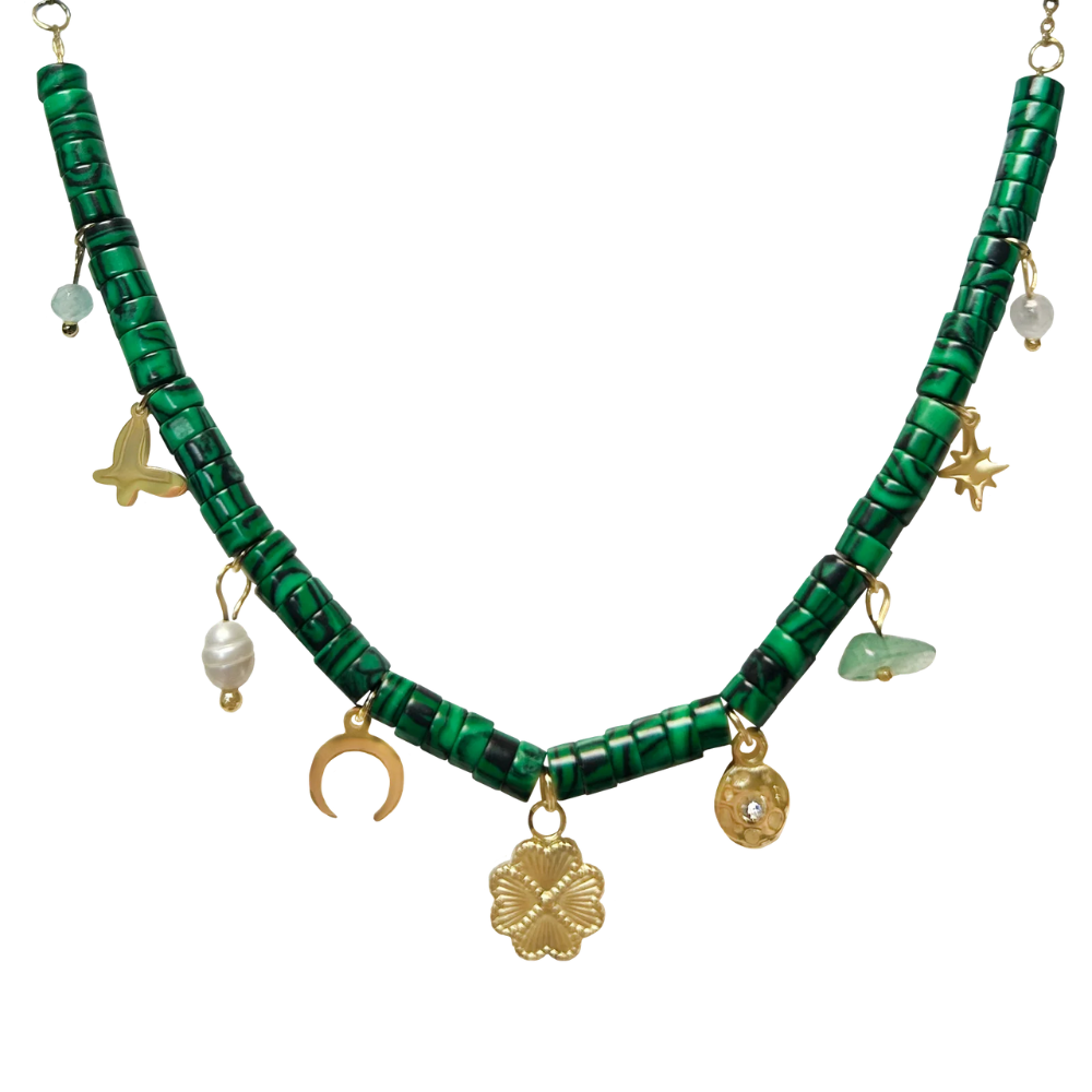 Green Malachite Rondelle Beaded Lucky Charm Necklace - 316L Stainless Steel