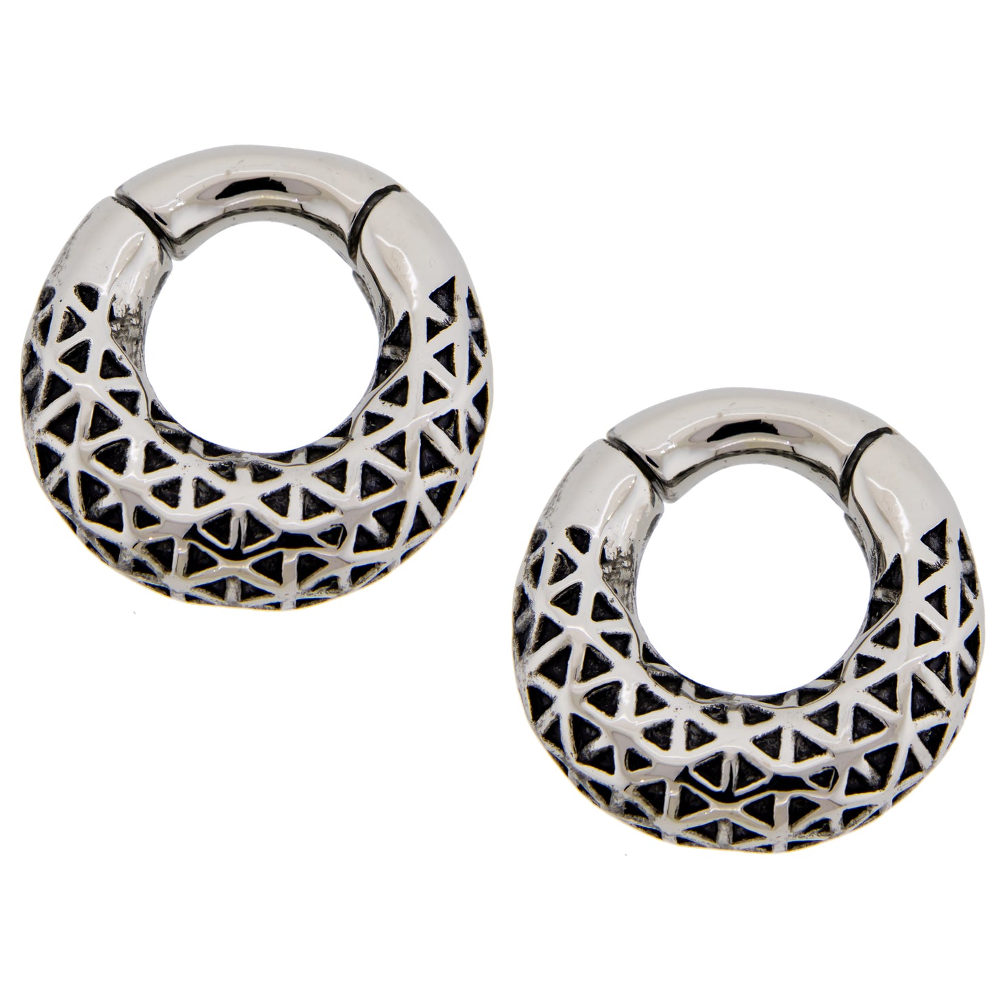 Textured Geometric Pattern Hinged Clicker Rings for Stretched Piercings - Pair - 316L Stainless Steel