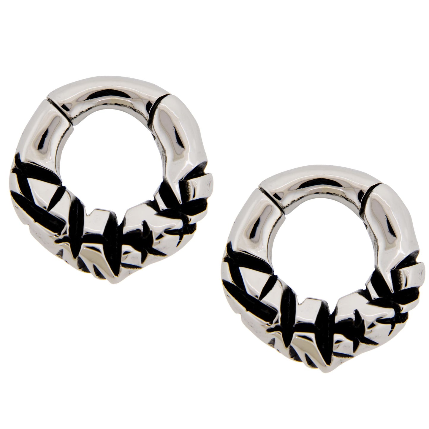 Crinkled Texture Design Hinged Clicker Rings for Stretched Piercings - Pair - 316L Stainless Steel